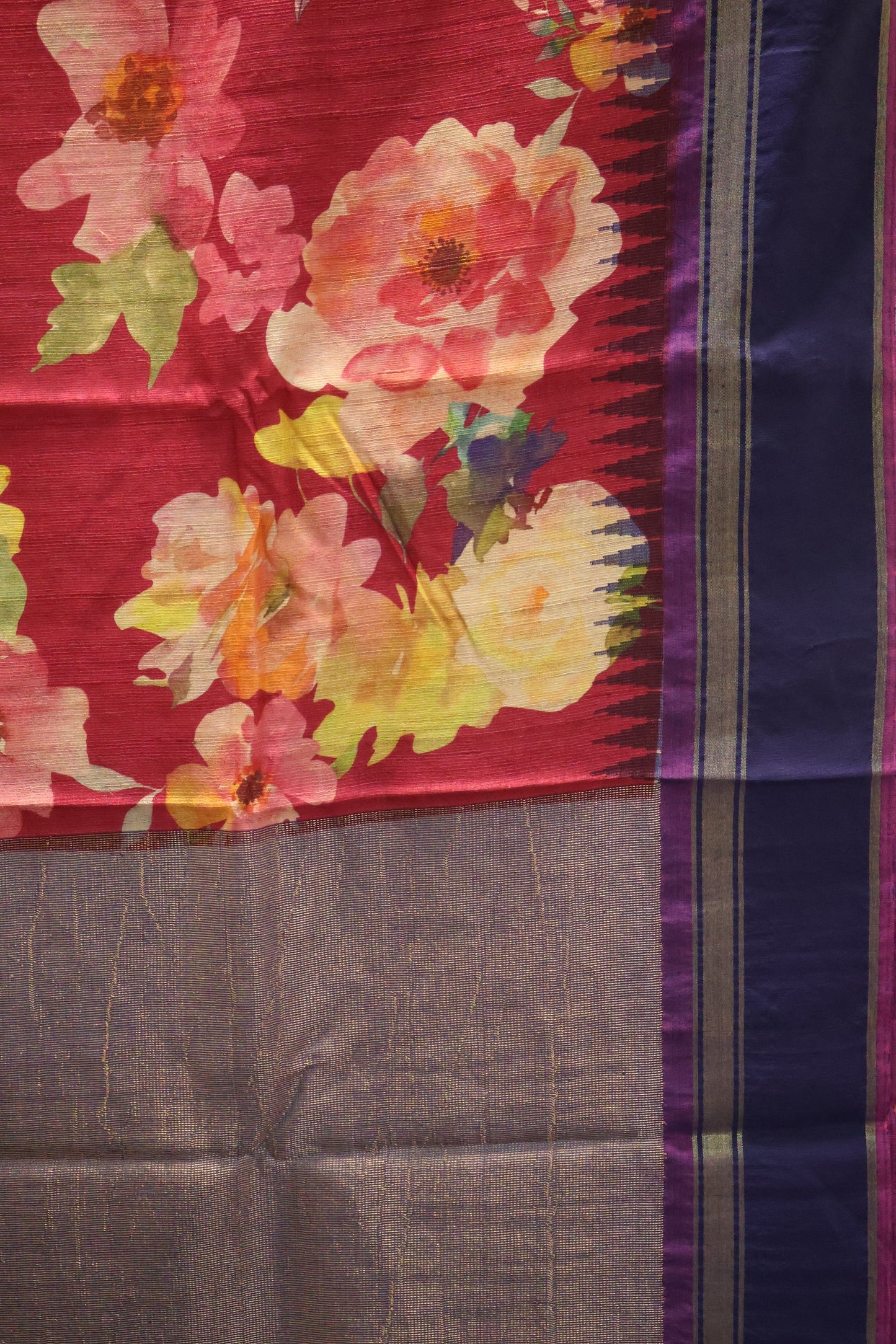 Pure Tussar Saree - Dark Pink-Blue