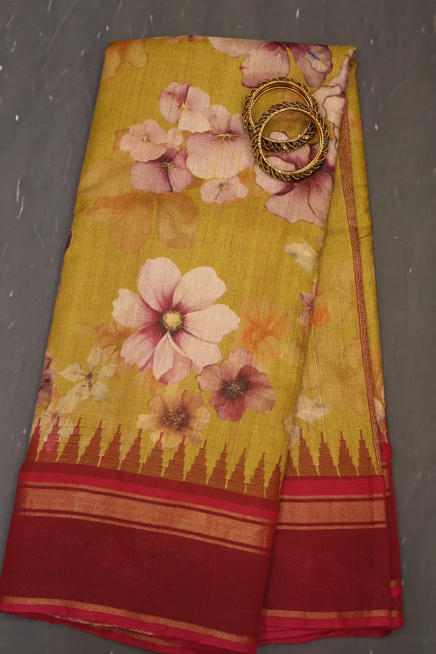 Pure Tussar Saree - Mustard-Maroon