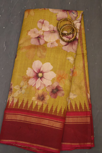Pure Tussar Saree - Mustard-Maroon