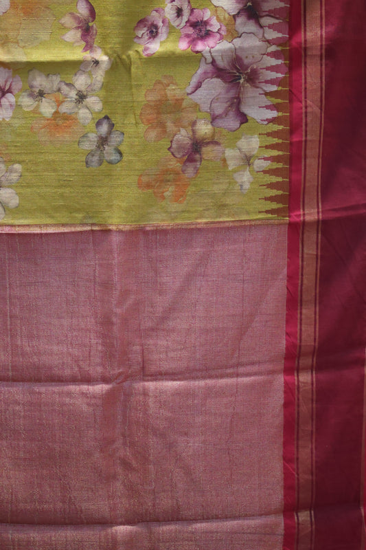 Pure Tussar Saree - Mustard-Maroon