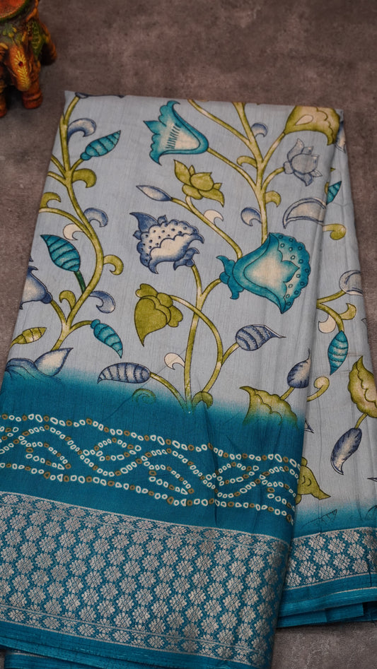Dola Silk Saree Floral Print-Rama Blue