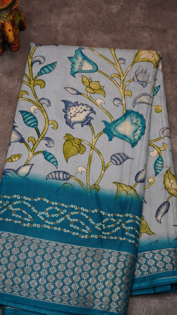 Dola Silk Saree Floral Print-Rama Blue