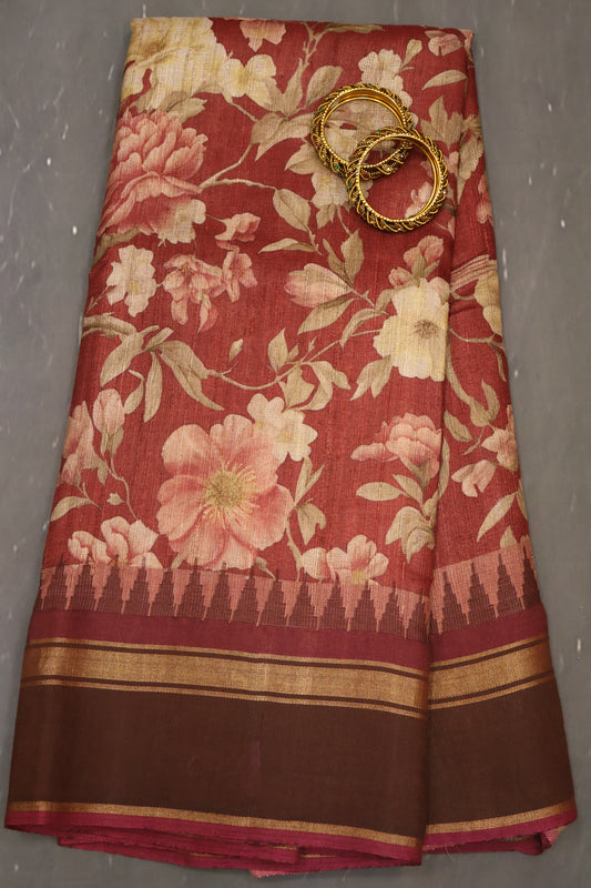 Pure Tussar Saree - Maroon-Brown