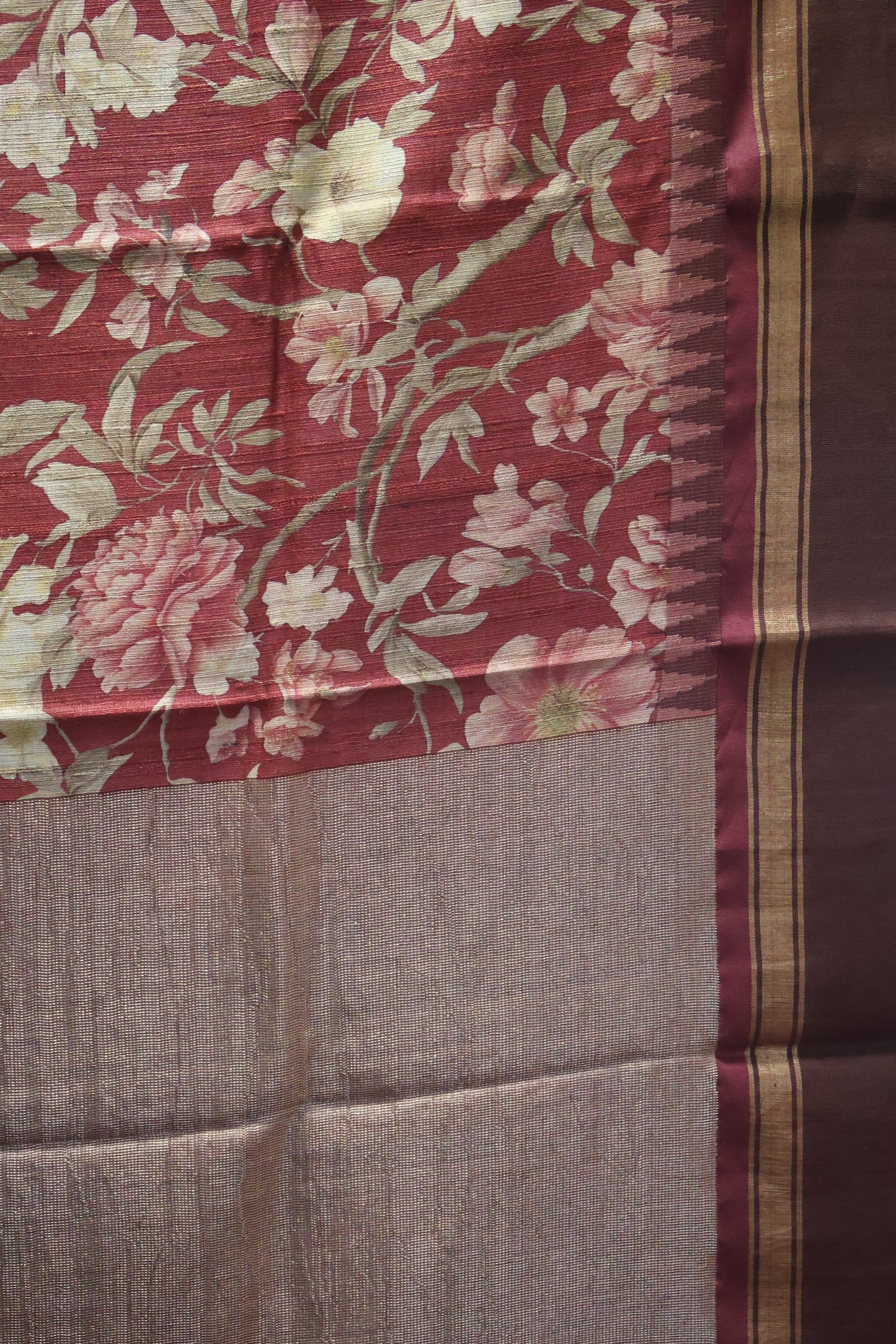 Pure Tussar Saree - Maroon-Brown