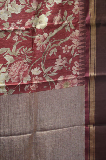 Pure Tussar Saree - Maroon-Brown