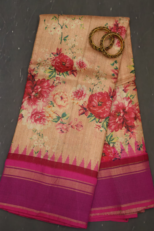 Pure Tussar Saree - Pale Orange-Magenta