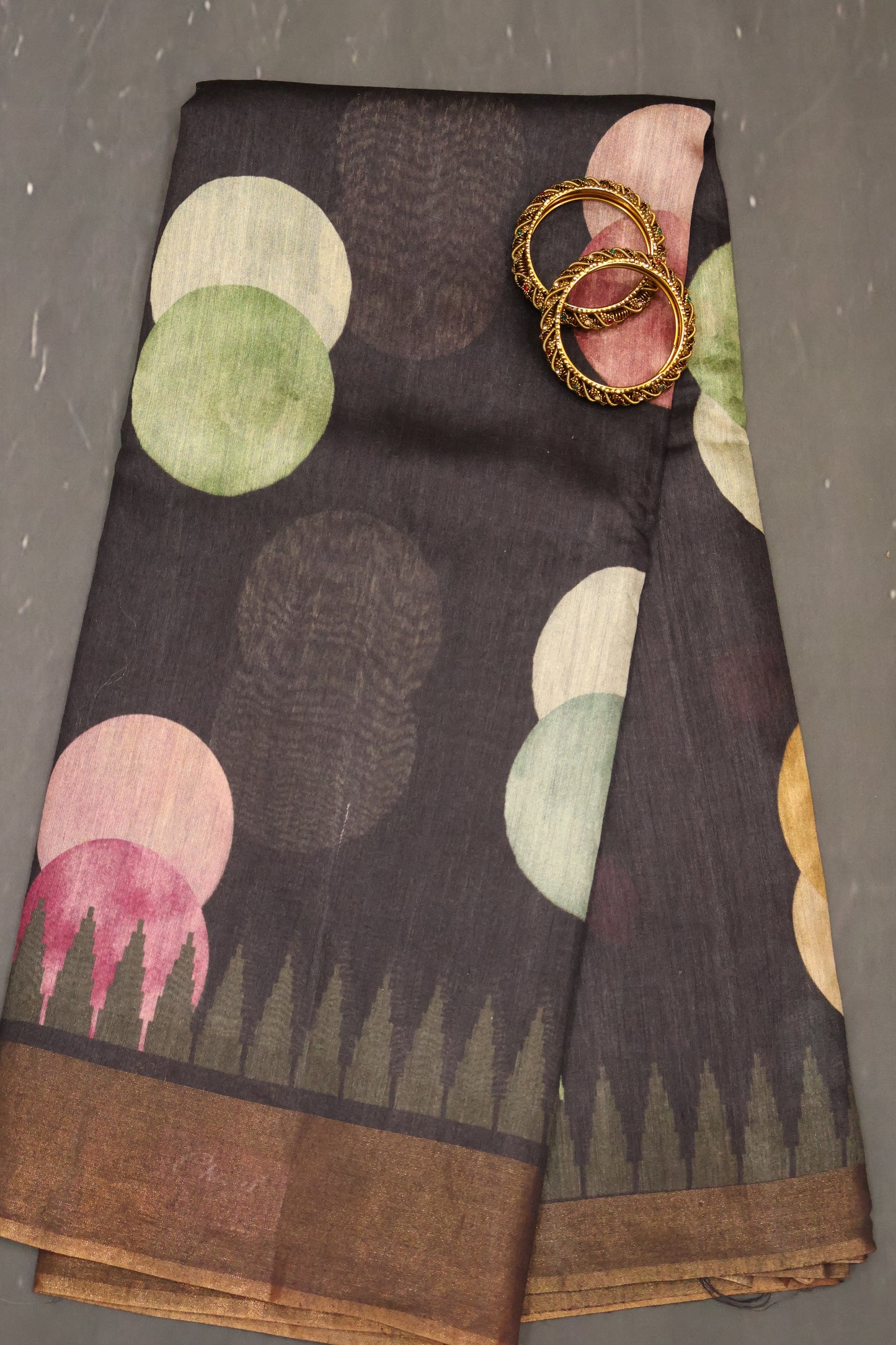 Pure Tussar Saree - Black Twin Round