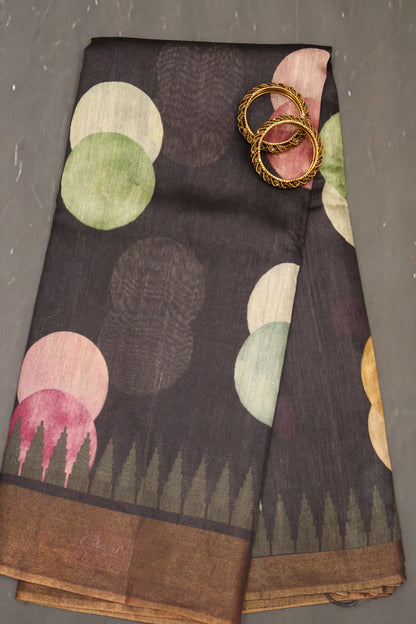 Pure Tussar Saree - Black Twin Round