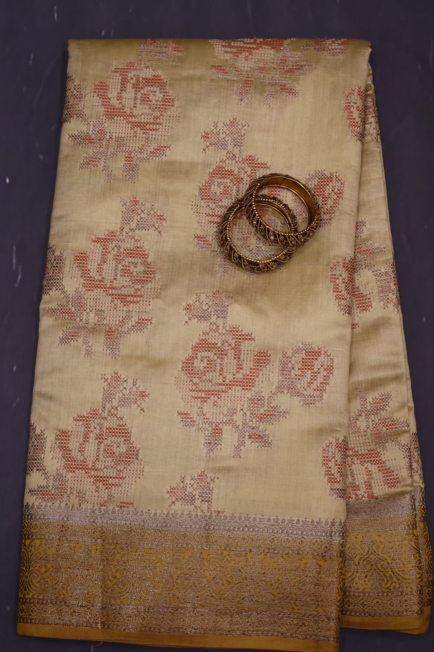 Pure Banarasi Saree Chiniya Silk - Yellow Dot Roses