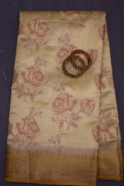 Pure Banarasi Saree Chiniya Silk - Yellow Dot Roses