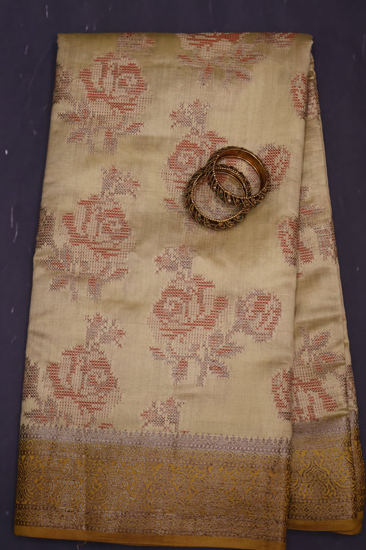 Pure Banarasi Saree Chiniya Silk - Yellow Dot Roses