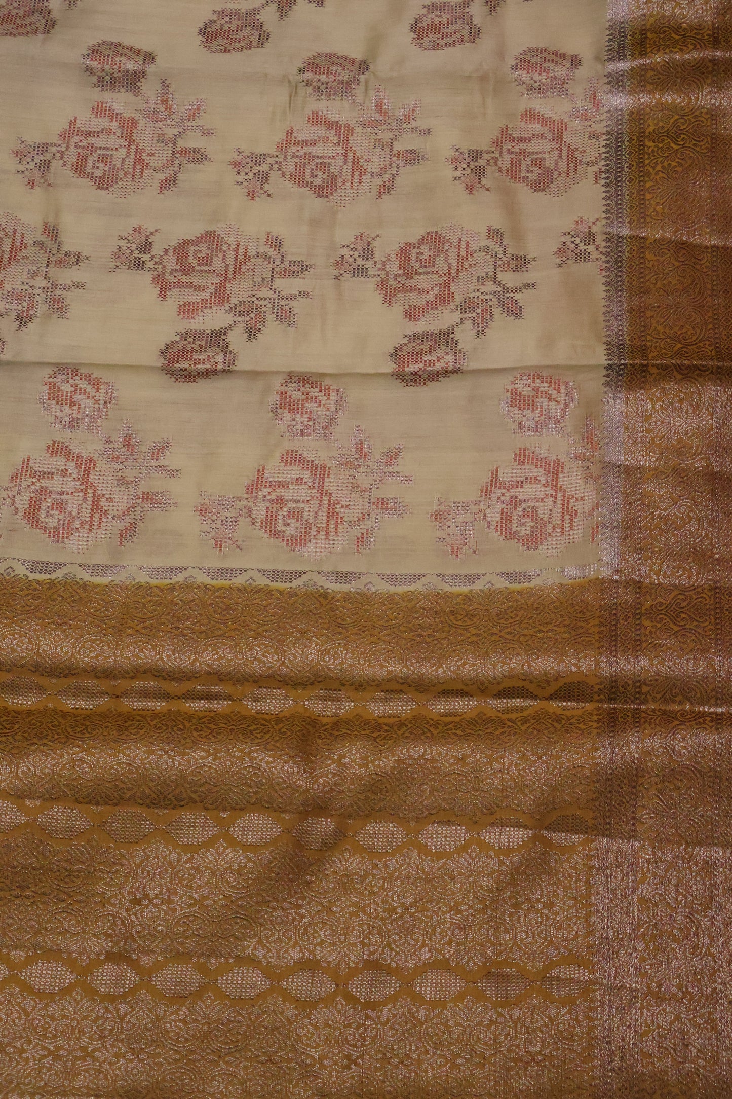 Pure Banarasi Saree Chiniya Silk - Yellow Dot Roses