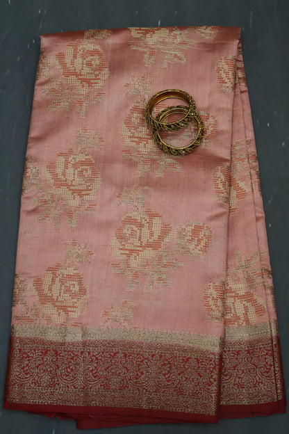 Pure Banarasi Saree Chiniya Silk - Pale Orange Dot Roses
