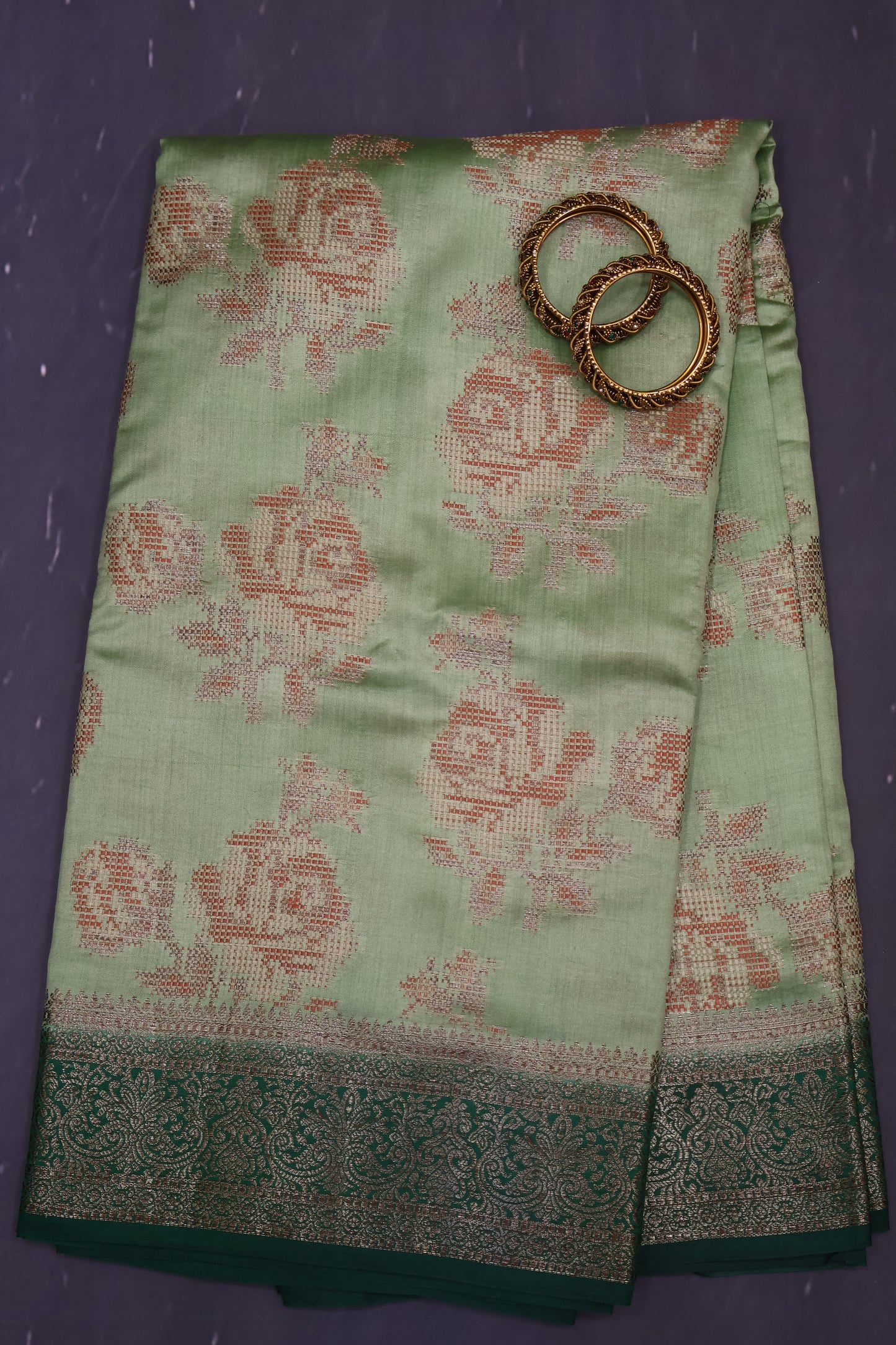 Pure Banarasi Saree Chiniya Silk -Green Dot Roses