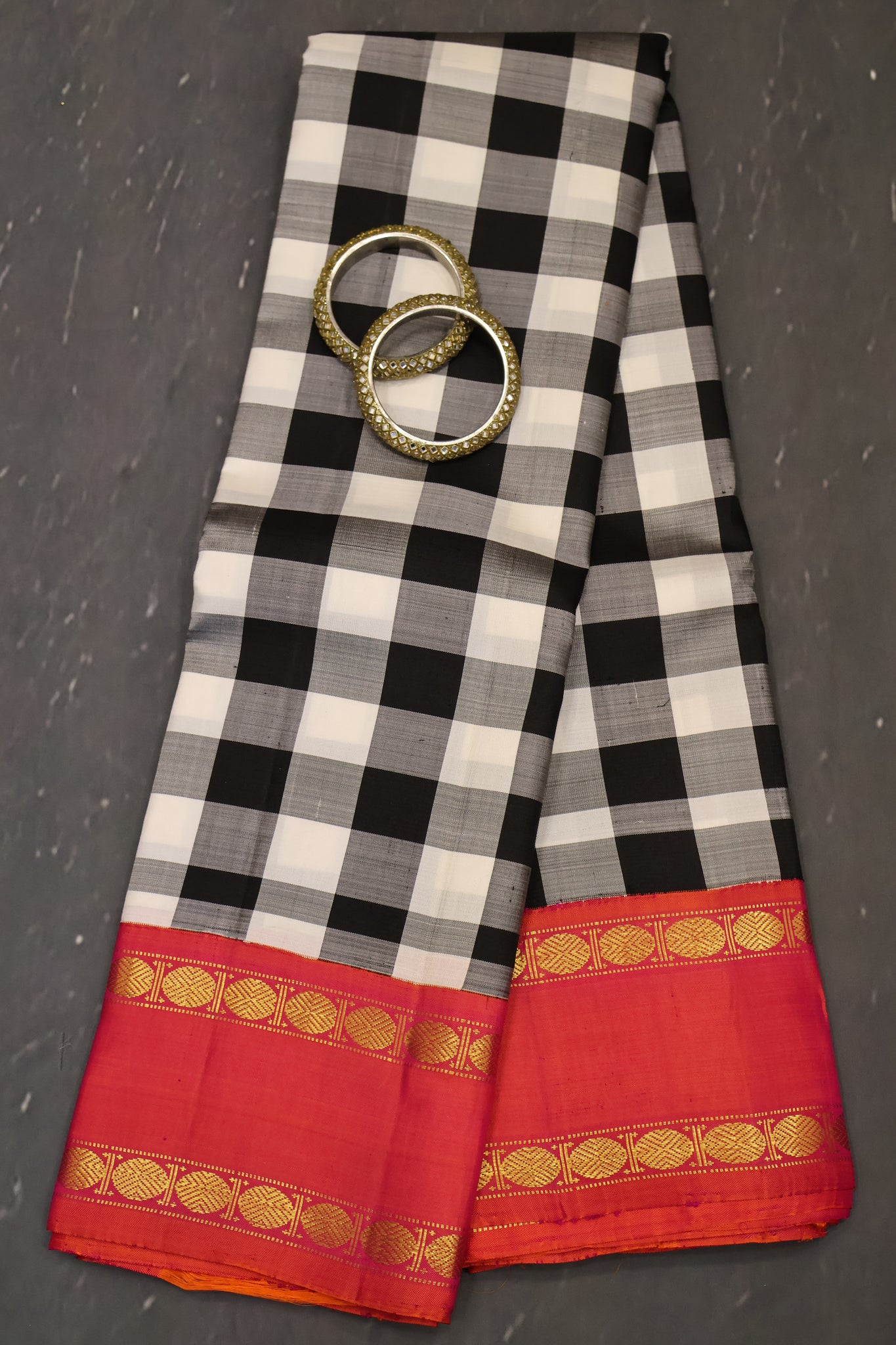 Pure Kanchipuram Saree -Black & White Checked
