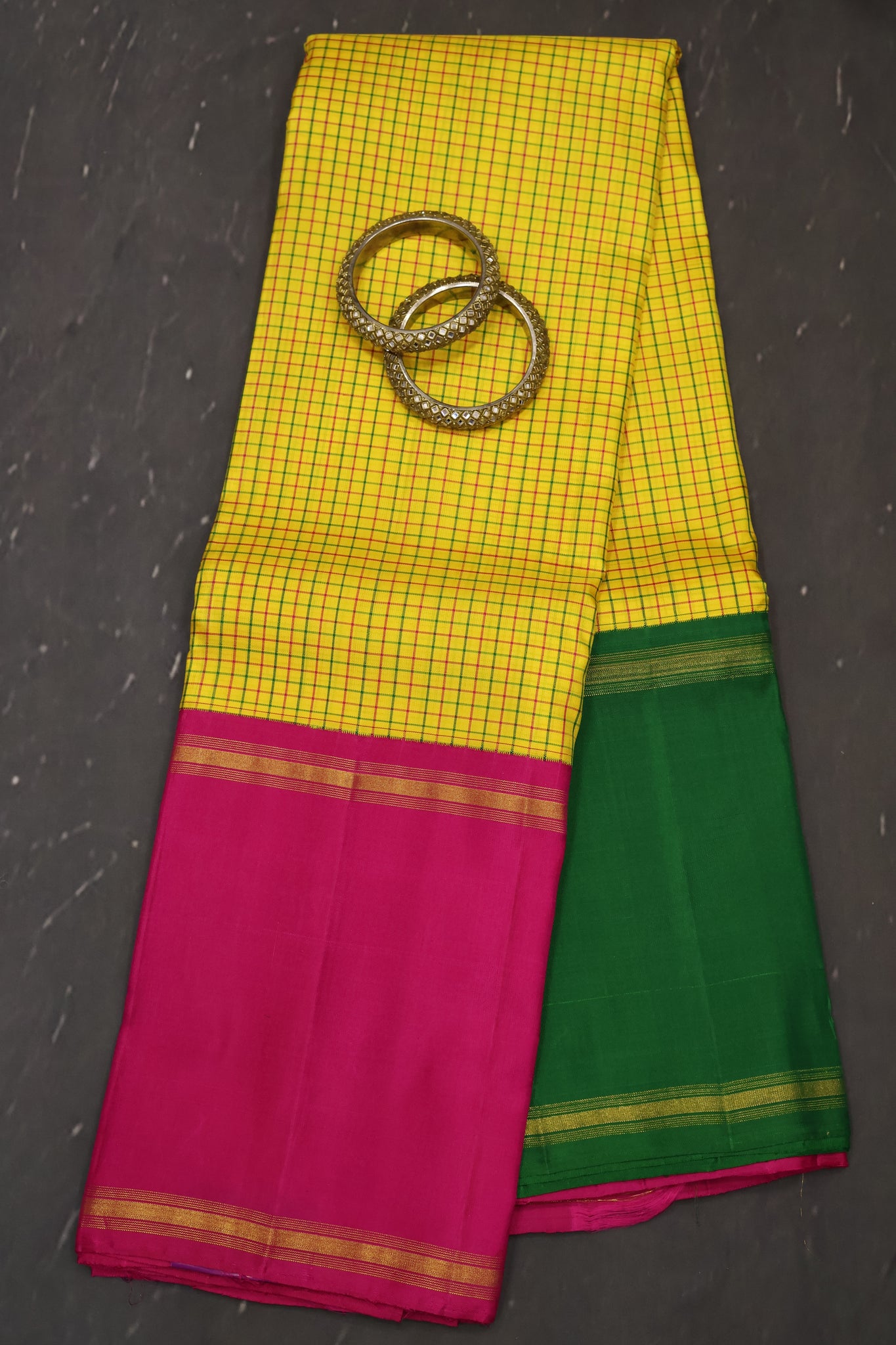 Pure Kanchipuram Saree -Yellow Ganga Jamuna Border
