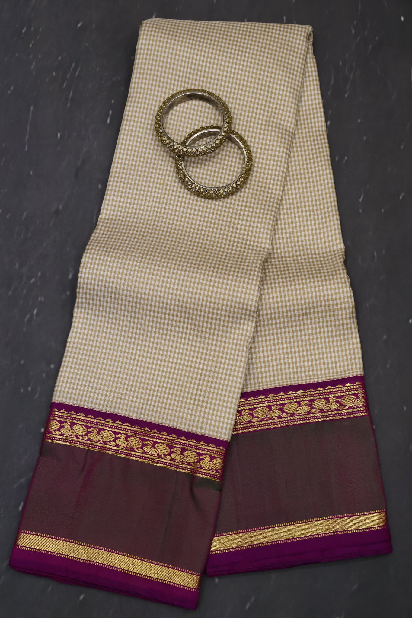 Pure Kanchipuram Saree -Beige Mini Checks