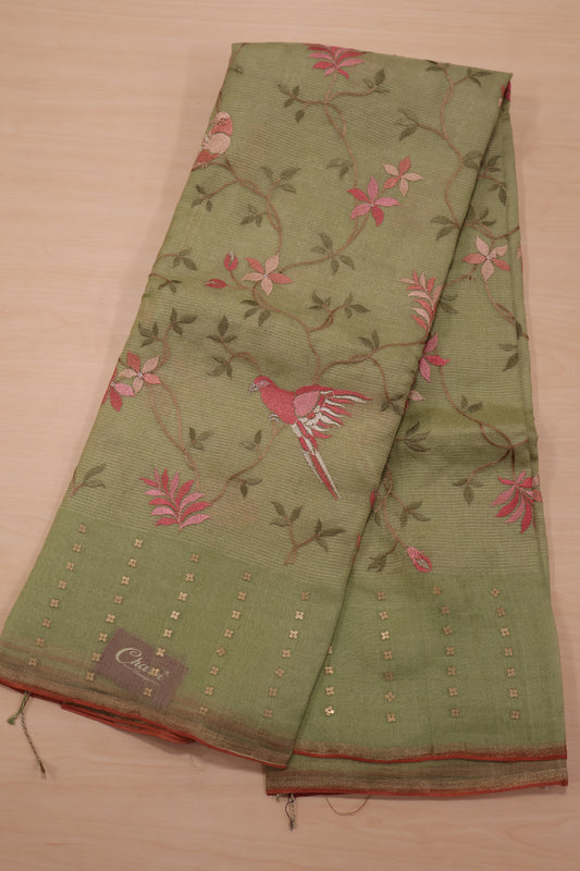 Pure Muslin Tissue Silk Saree-Green