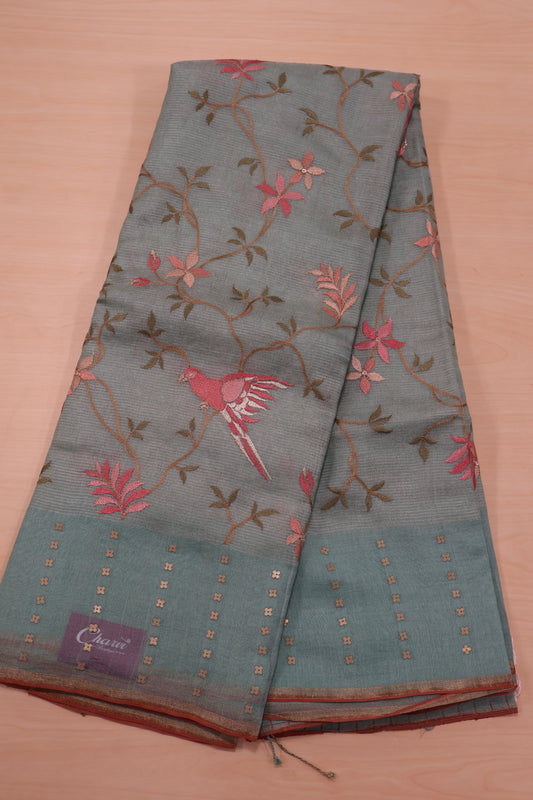 Pure Muslin Tissue Silk Saree-Sea Blue