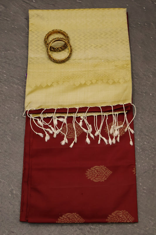 Pure Soft Silk Saree -Maroon-Beige