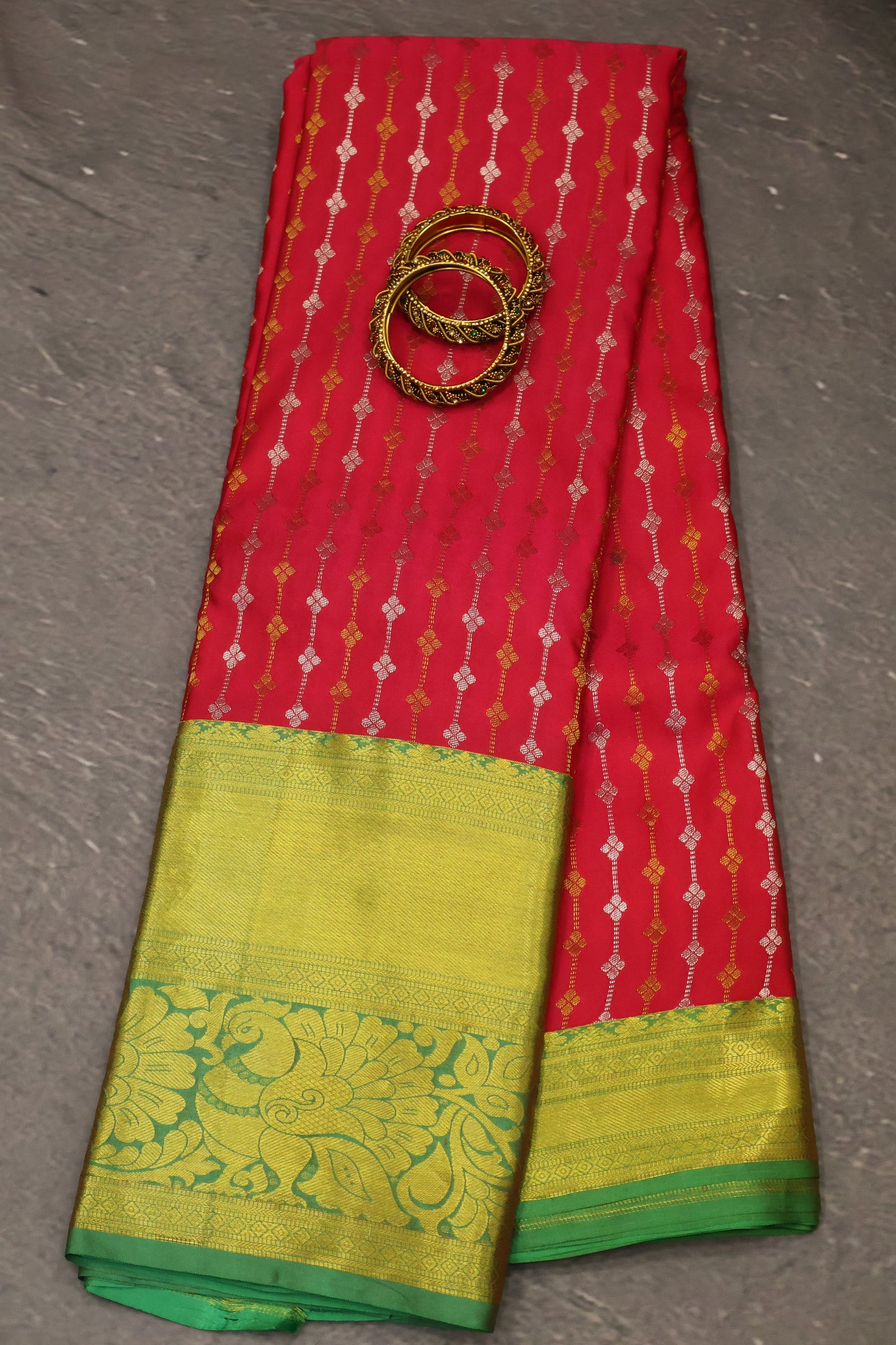 Pure Kanjivaram Saree -Rani Pink-Green