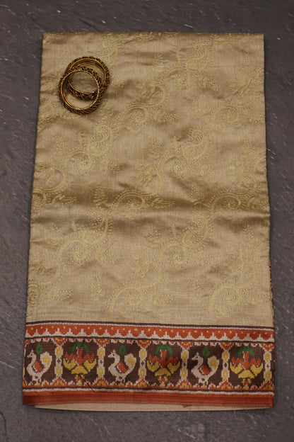 Semi Tussar Saree - Peacock Border-Beige