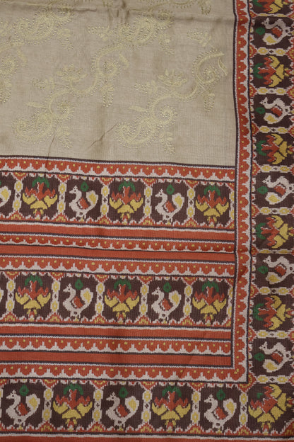 Semi Tussar Saree - Peacock Border-Beige