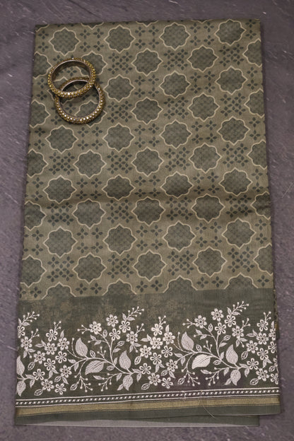 Semi Tussar Saree -Floral Embroidery-Sage Green