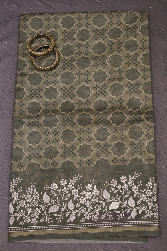 Semi Tussar Saree -Floral Embroidery-Sage Green