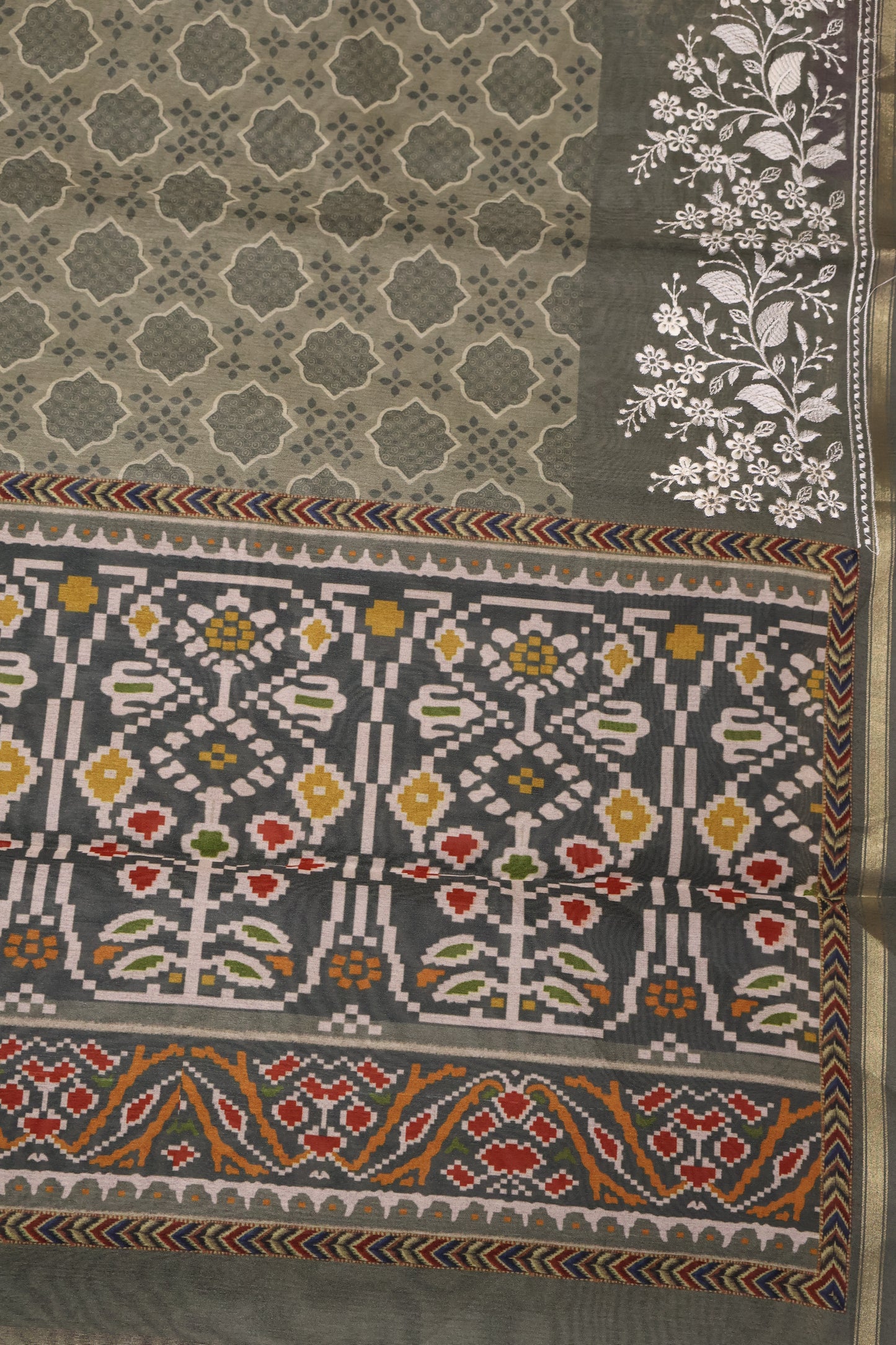 Semi Tussar Saree -Floral Embroidery-Sage Green