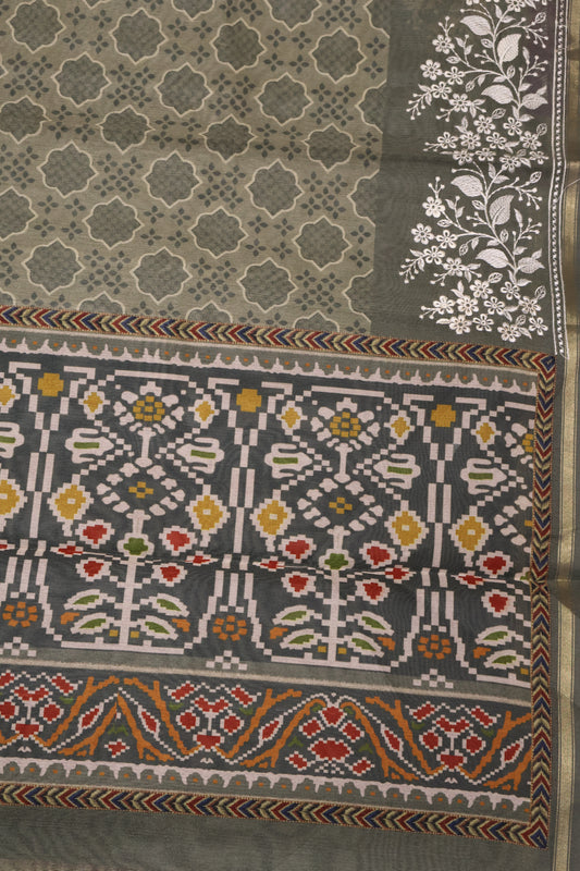 Semi Tussar Saree -Floral Embroidery-Sage Green