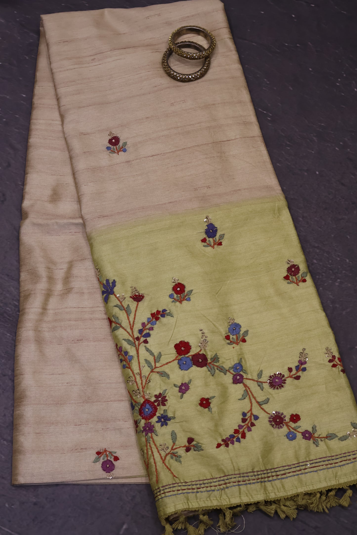Semi Tussar Saree -Floral Embroidery-Beige