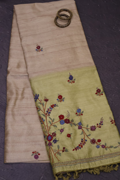 Semi Tussar Saree -Floral Embroidery-Beige