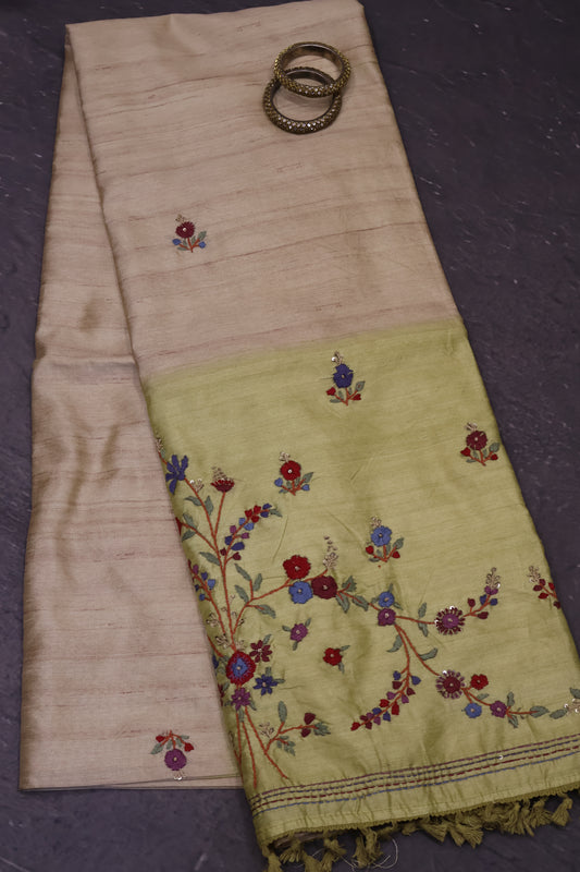 Semi Tussar Saree -Floral Embroidery-Beige