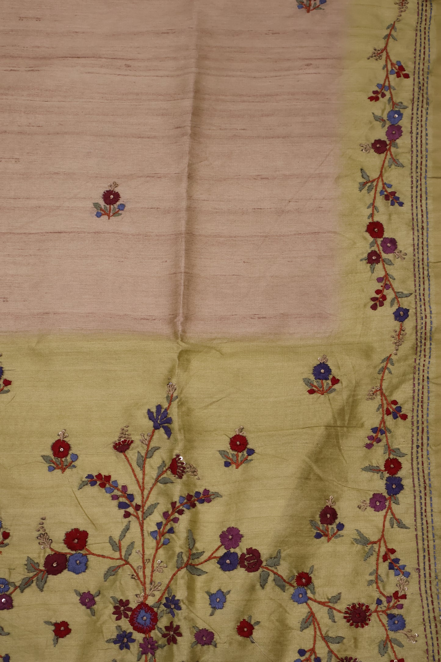 Semi Tussar Saree -Floral Embroidery-Beige