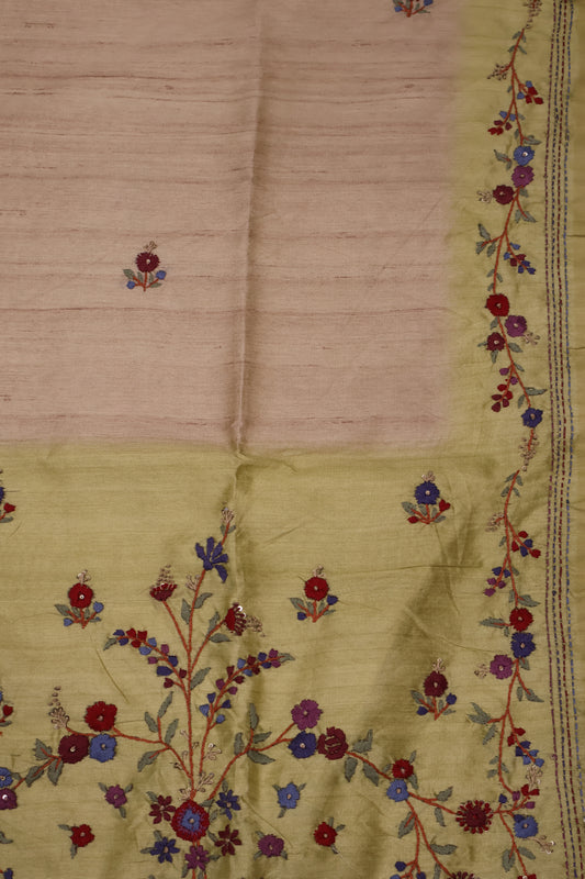 Semi Tussar Saree -Floral Embroidery-Beige