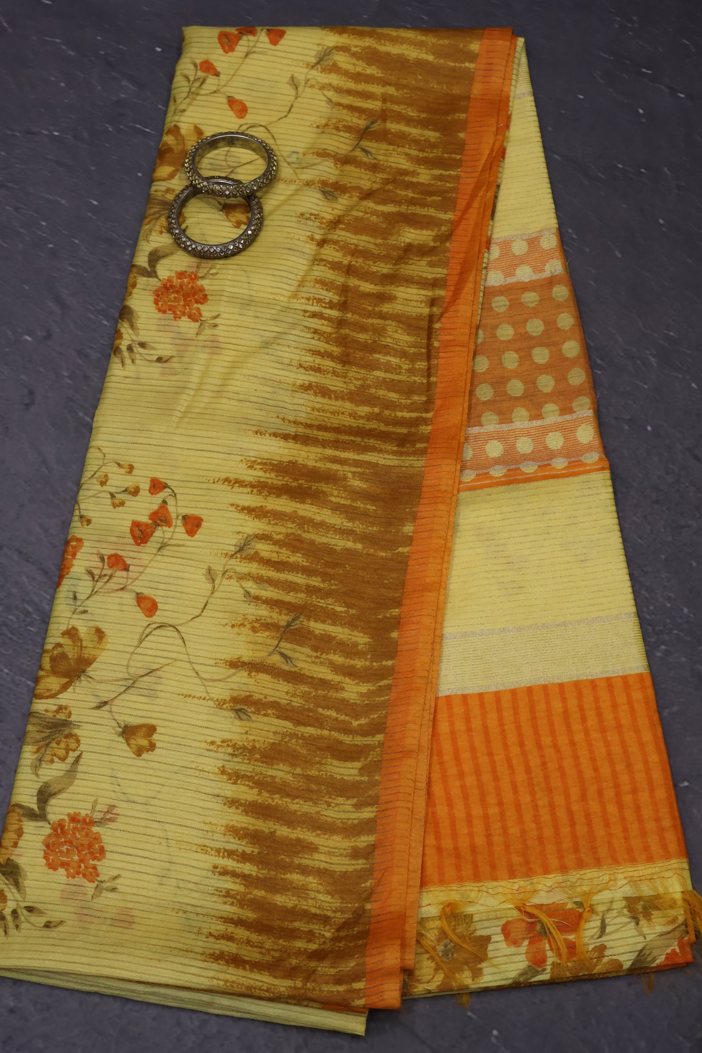 Semi Bhagalpur Tussar Saree- Yellow-Orange