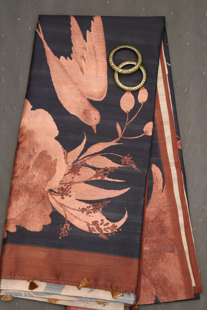 Semi Tussar Saree - Space Blue-Brown