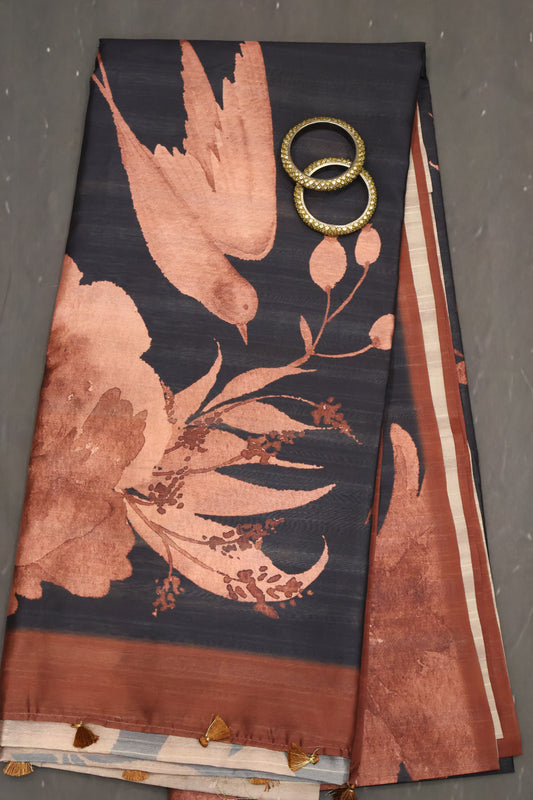 Semi Tussar Saree - Space Blue-Brown