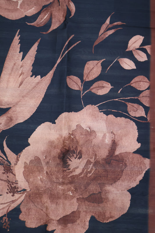 Semi Tussar Saree - Space Blue-Brown