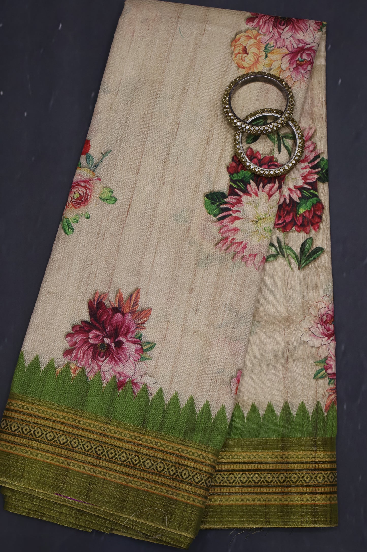Semi Tussar Saree - Beige Floral Print