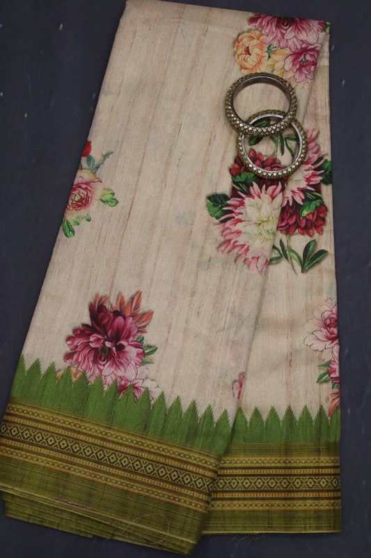 Semi Tussar Saree - Beige Floral Print