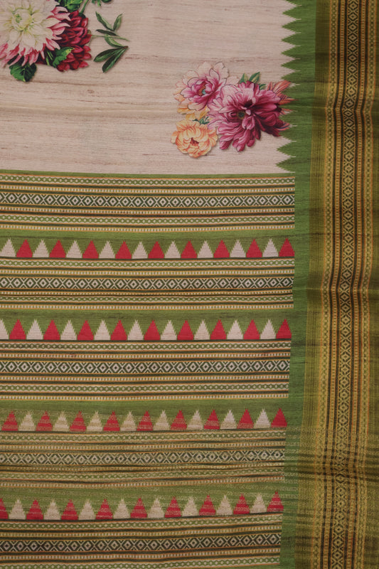Semi Tussar Saree - Beige Floral Print