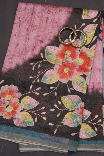 Semi Tussar Saree - Black Kutch Work