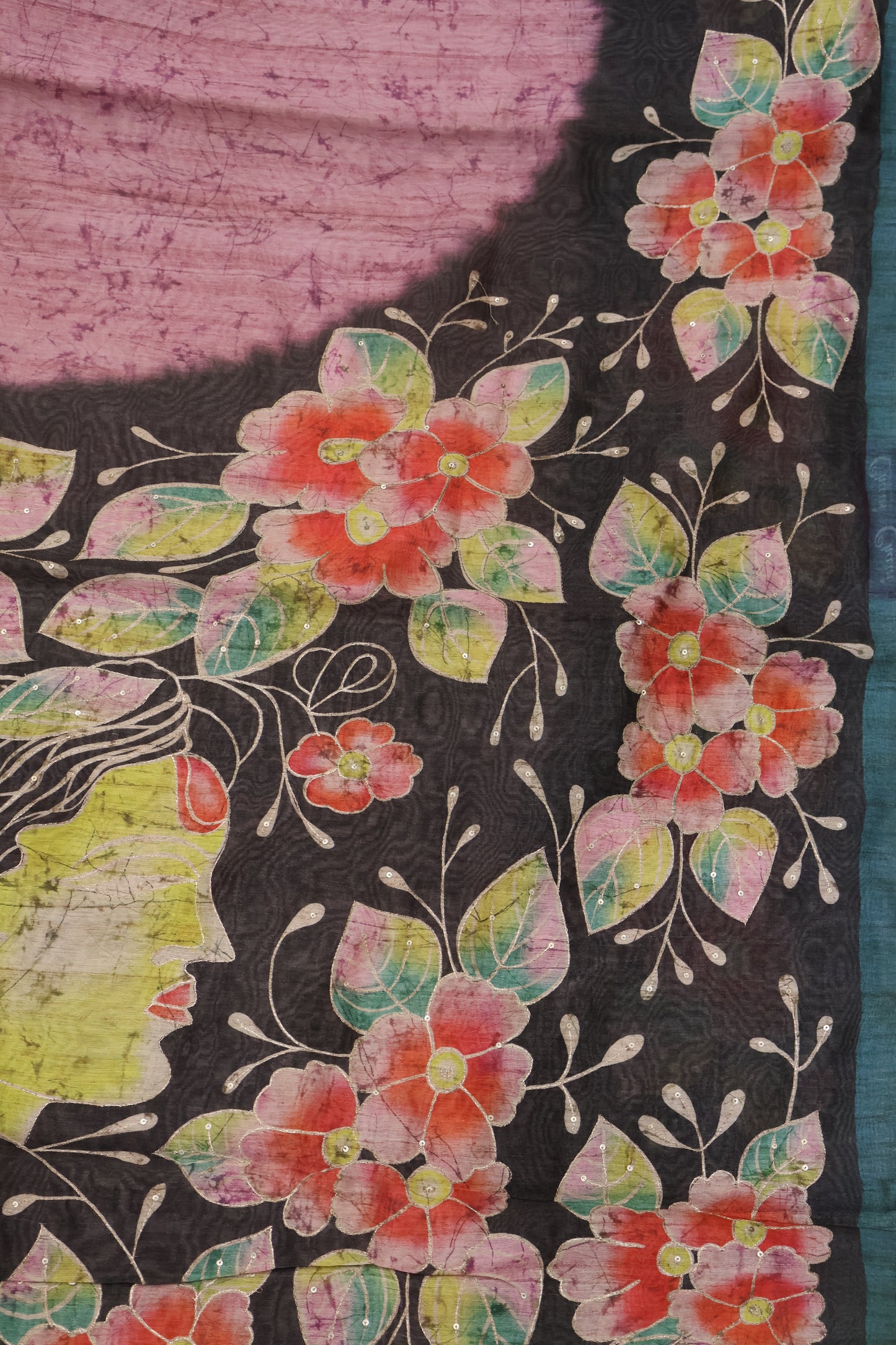 Semi Tussar Saree - Black Kutch Work