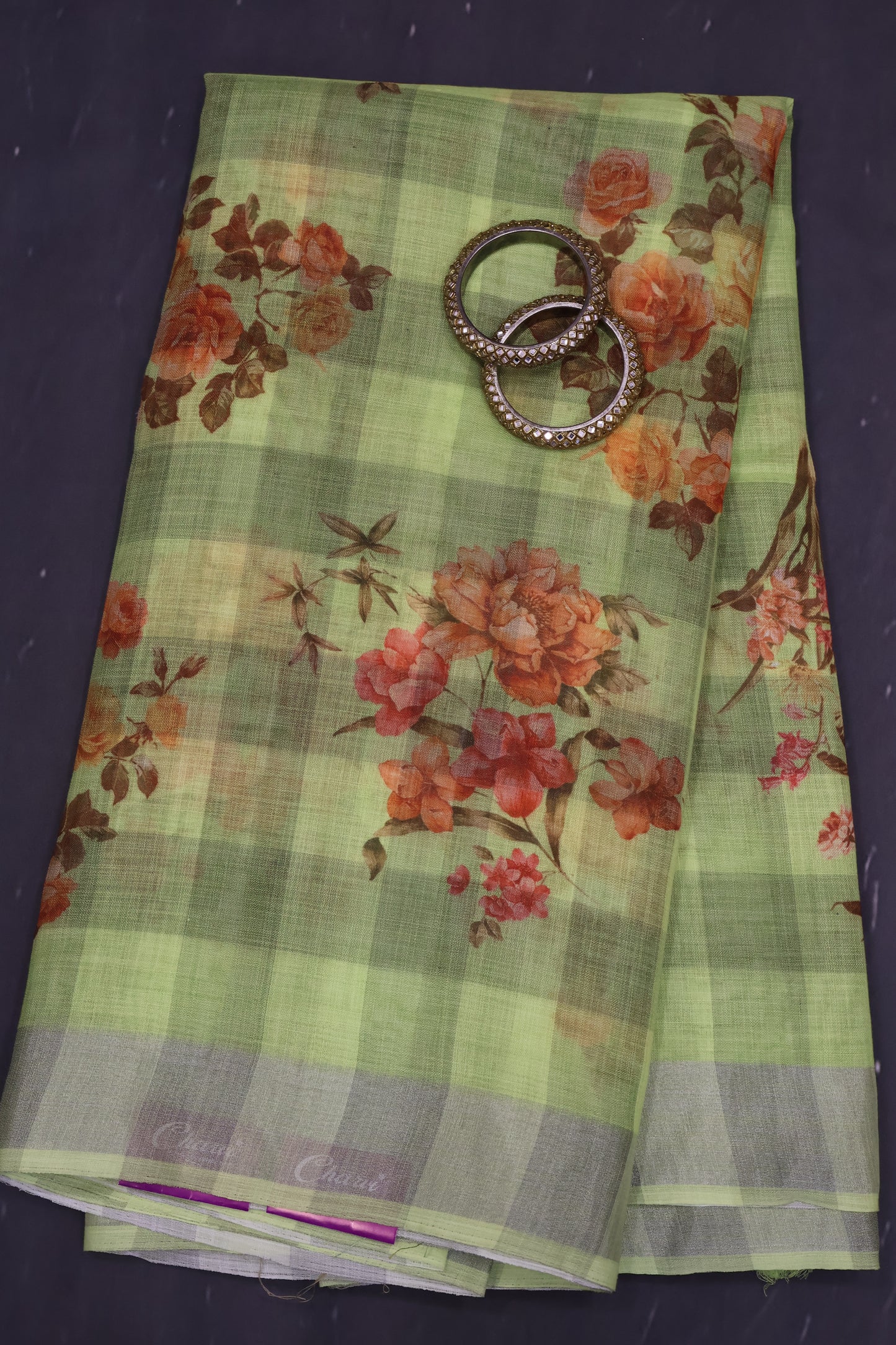 Tissue Linen Saree - Light Green Checks