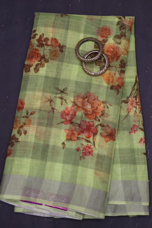 Tissue Linen Saree - Light Green Checks