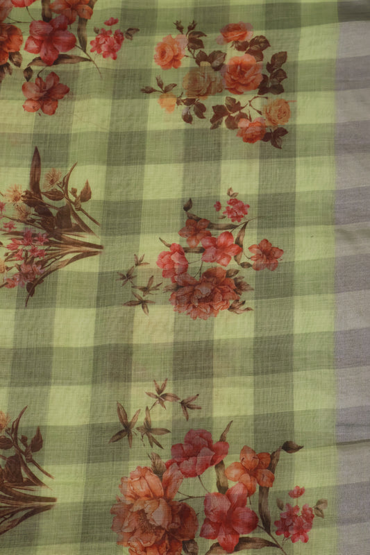 Tissue Linen Saree - Light Green Checks