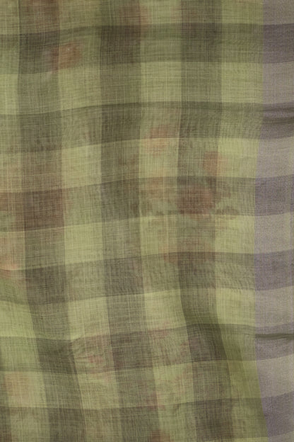 Tissue Linen Saree - Light Green Checks