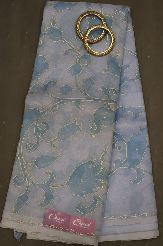 Pure Organza Tussar Saree- Blue Kutch Work